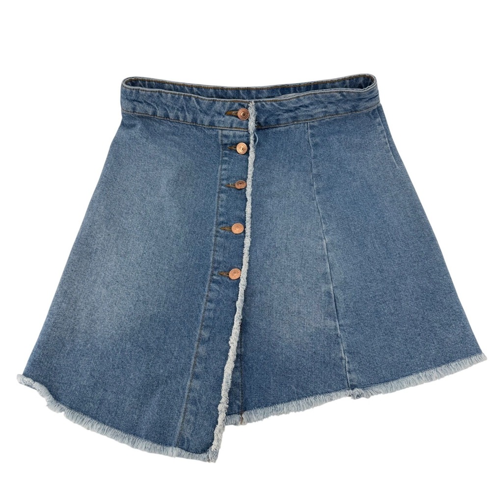 Zara Basic Denim Skirt Womens‎ Small Blue Asymmetrical Raw Hem Button Front Mini